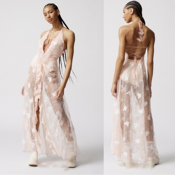 For Love & Lemons Beckett Lace Sheer Butterfly Sequin Bodysuit Maxi Dress Pink - Picture 8 of 16